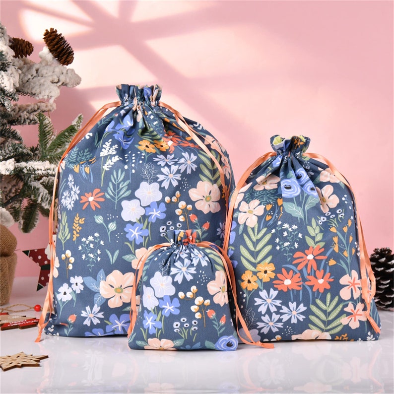 Floral Gift Bag,L Size Birthday Gift Tote,Durable Layers Drawstring Storage Bag,Cotton Fabric Premium Quality Packaging, Mother's Day Gift image 1