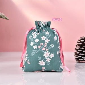 Cherry Blossoms Gift Bag,Green Gift Tote, Durable Layers Drawstring Storage Bag, Quality Cotton Fabric Bag, Wedding/Mother's Day Gift Size S