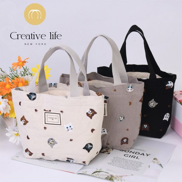 NEW! Handmade Cat Embroidery Bag with Inner Pocket, Small Cat Kitty Handbag, Makeup Bag, Cute Cotton Linen Bento Tote for Woman, Easter Gift
