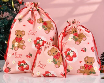 CLEARANCE S/M/L Strawberry Bear Gift Bags, Pink Drawstring Storage Bag, Handmade Gift Wrap, Premium Quality Holiday Gift Bag, Wedding Favors