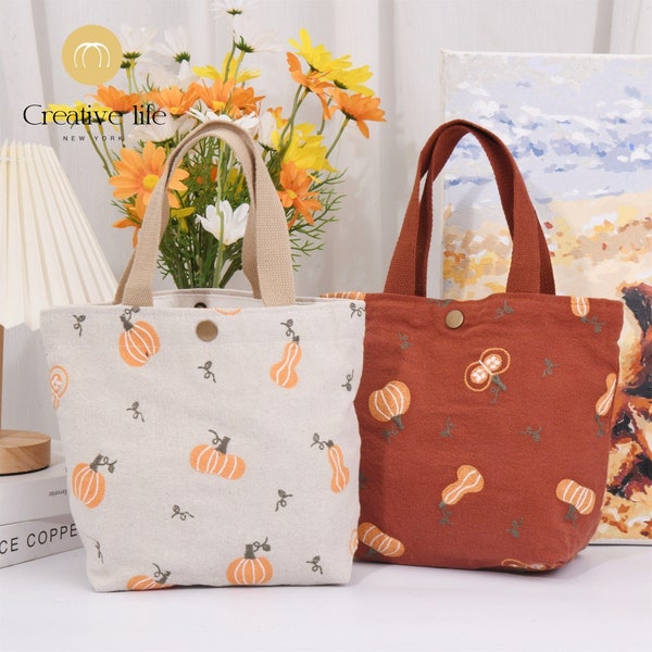 CLEARANCE Handmade Pumpkin Embroidery Bag, Small Pumpkin Handbag, Makeup Bag, Cute Cotton Linen Bento Tote for Woman, Spring Gift