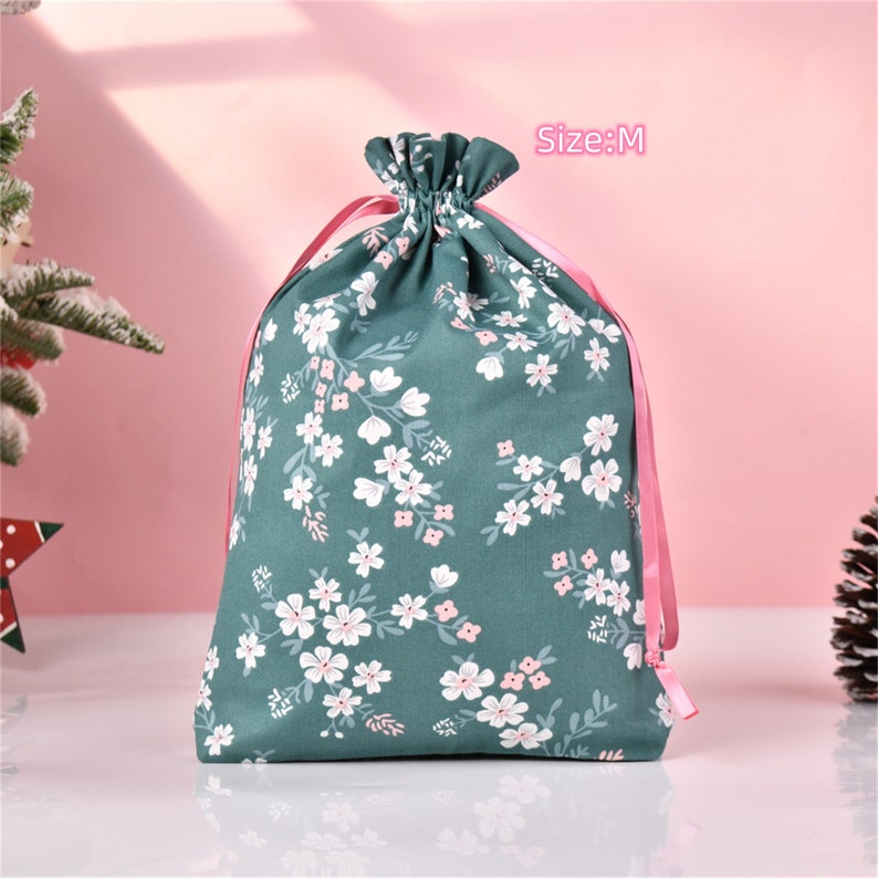 Cherry Blossoms Gift Bag,Green Gift Tote, Durable Layers Drawstring Storage Bag, Quality Cotton Fabric Bag, Wedding/Mother's Day Gift Size M