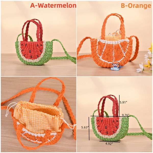 CLEARANCE Cute Straw Bag,Half Moon Woven Bags,Fruit Pattern Hand-held Cross-body Bag,Cartoon Straw Purse for Party|Beach|Birthday|Wedding