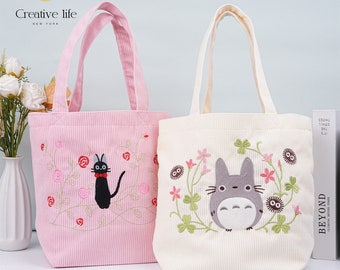 NEW! Handmade Cartoon Corduroy Lunch Bag, Kawaii Anime Embroidered Bag, Corduroy Tote Bags, Premium Quality Handbag, Birthday Gift