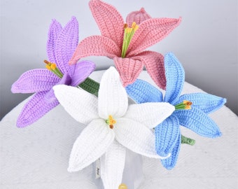 4PCS Handmade Crochet Lily Flowers For Mother's Day Gift, Knitted Flower Bouquet, Caring Gift For Mom, Wife, Ship from NewYork in 2 Days