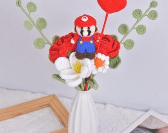 8PCS Handmade Mario Bouquet for Birthday, Crochet Rose|Tulip|Daisy|Sunflower|Red Heart, Knitted Flowers&Mario Toys, Mother's Day Gift