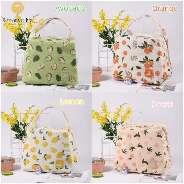 NEW! Handmade Embroidered Fruit Logo Canvas Lunch Bag with Heat Insulated, Cute Lunch Tote, Quality Keep Warm/Cold Bag, Mother's Day Gift