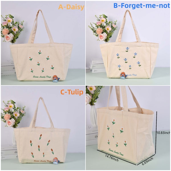 Embroidered Flowers Extra Large Tote Bag, Handmade Daisy|Forget-me-not|Tulip Canvas Shoulder Bag, Back to School Bags, Wedding Gift