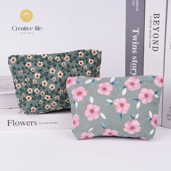 NEW! Handmade Cherry Blossom Corduroy Cosmetic Bag, Small Flowers Corduroy Make-up Bags, Toiletries Bags, Spring Gift, Mother's Day Gift