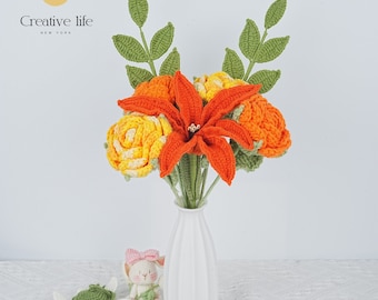 7PCS Handmade Crochet Lily Rose Bouquet For Mother's Day Gift, Knitted Carnation Bouquet, Lily Flowers, Ship from NewYork in 2 Days