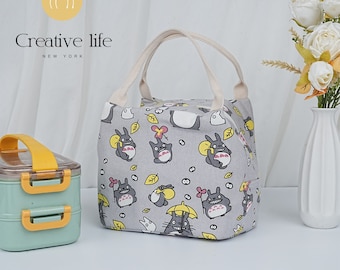 NEW! Handmade Embroidered Totoro Pattern Canvas Lunch Bag with Heat Insulated, Zipper Tote, Quality Keep Warm/Cold Lunch Bag, Back to School