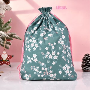 Cherry Blossoms Gift Bag,Green Gift Tote, Durable Layers Drawstring Storage Bag, Quality Cotton Fabric Bag, Wedding/Mother's Day Gift Size L