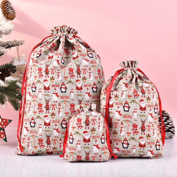 S/M/L Christmas Gift Bags,Red Drawstring Storage Bag,Xmas Decoration Handmade Gift Wrap,Premium Quality Holiday Gift Bag,Santa Gift Bag