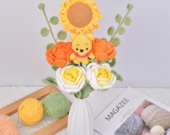 8PCS Handmade Crochet Pooh Bouquet, Knitted Roses Sunflower&Crochet Winnie the Pooh Dolls, Pooh and Friends, Easter Gift/Mother's Day Gift