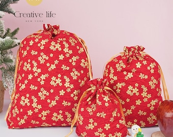 NEW! S/M/L Handmade Cherry Blossom Bronzing Gift Bags, Golden Sakura Red Gift Bag, Drawstring Storage Bag, Wedding/Mother's Day Gift