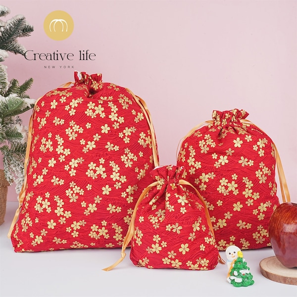 NEW! S/M/L Handmade Cherry Blossom Bronzing Gift Bags, Golden Sakura Red Gift Bag, Drawstring Storage Bag, Wedding/Mother's Day Gift