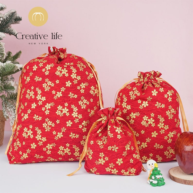 NEW S/M/L Handmade Cherry Blossom Bronzing Gift Bags, Golden Sakura Red Gift Bag, Drawstring Storage Bag, Wedding/Mother's Day Gift image 1