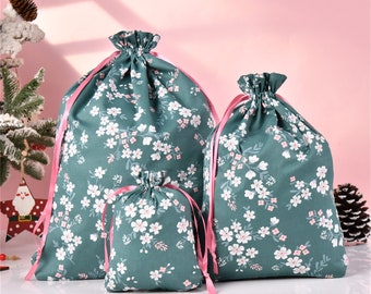 Cherry Blossoms Gift Bag,Green Gift Tote, Durable Layers Drawstring Storage Bag, Quality Cotton Fabric Bag, Wedding/Mother's Day Gift