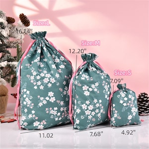 Sac cadeau fleurs de cerisier, fourre-tout vert, sac de rangement durable avec cordon de serrage, sac en tissu de coton de qualité, cadeau de mariage/fête des mères image 2