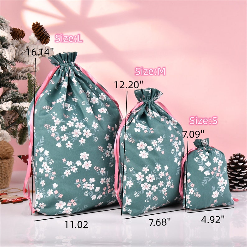 Cherry Blossoms Gift Bag,Green Gift Tote, Durable Layers Drawstring Storage Bag, Quality Cotton Fabric Bag, Wedding/Mother's Day Gift zdjęcie 2