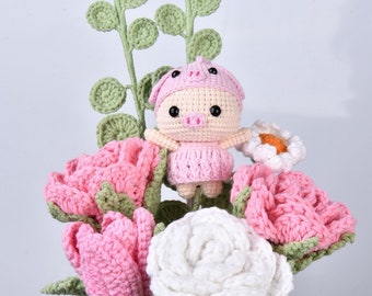 8PCS Handmade Crochet Pig/Winnie Bear/Stitch/Yoda/Panda Doll Bouquet, Knitted Rose&Tulip for Birthday Gift, Mother's Day Gift