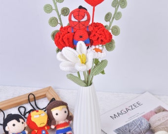 The Avengers Crochet Doll Bouquet for Birthday Gifts, Knit Carnation|Rose|Tulip|Daisy|Baby's Breath|Red Heart, Mother's Day Gifts