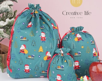 CLEARANCE S/M/L Handmade Santa Claus Green Gift Bags, Christmas Drawstring Storage Bag, Xmas Decoration, Premium Quality Holiday Gift Bag