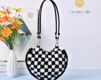 CLEARANCE Heart Checkerboard Plush Shoulder Bag, Black White Checkerboard Bag, Plush Tote with Magnetic Buckle, Mother's Day Gift