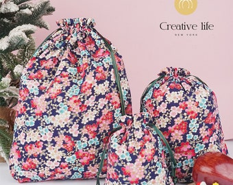 NEW! S/M/L Handmade Cherry Blossom Bronzing Gift Bags, Floral Navy Blue Gift Bag, Drawstring Storage Bag, Wedding/Mother's Day Gift