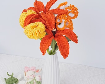 6PCS Handmade Crochet Lily Rose Bouquet For Mother's Day Gift, Knitted Carnation Flowers, Orange Bouquet, Ship from NewYork in 2 Days