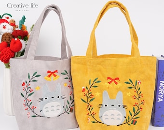 NEW! Handmade Garland Totoro Corduroy Lunch Bag, Kawaii Anime Totoro Embroidered Bag, Cartoon Corduroy Tote, Premium Quality, Holiday Gifts