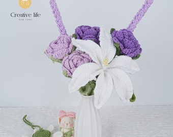 7PCS Handmade Crochet Lily Rose Lavender Bouquet For Mother's Day Gift, Knitted Purple Bouquet, Lily Flowers, Ship from NewYork in 2 Days