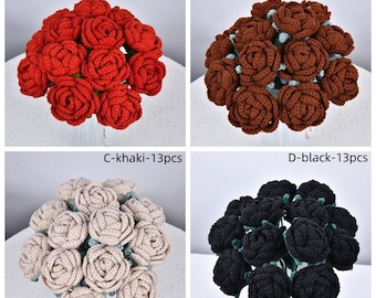 6/9/13PCS Handmade Crochet Rose Flowers For Home Decor, Knitted Flower Bouquet, Caring Gift For Wife, Mom, Wedding/Mother's Day Gift