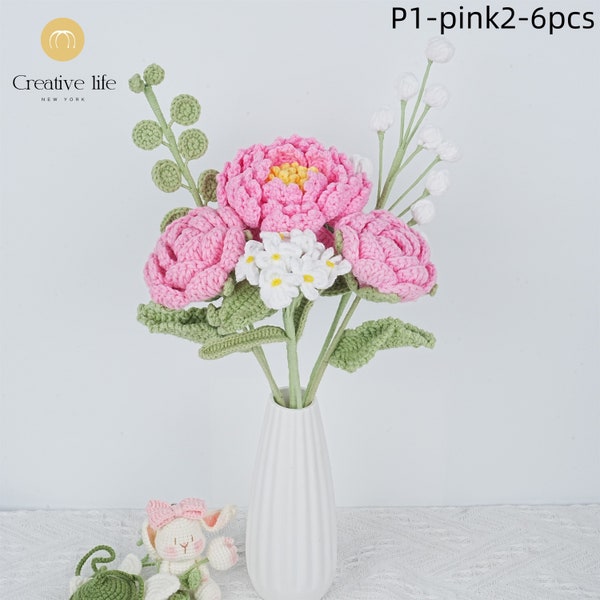 6PCS Handmade Crochet Peony&Rose Bouquet For Mother's Day Gift, Knitted Forget-me-not/White Berries/Eucalyptus, Ship from NewYork in 2 Days