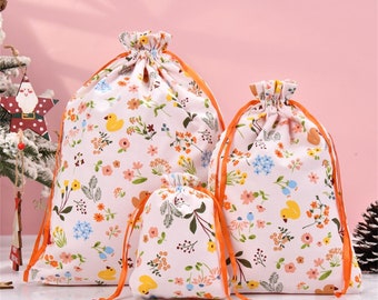 Cute Duck Floral Gift Bag,L/M/S Birthday Gift Tote, Drawstring Storage Bag, Cotton Fabric Premium Quality Packaging, Mother's Day Gift