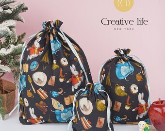 S/M/L Handmade Rabbit Alice Gift Bags, Donut Navy Blue Drawstring Storage Bag, Holiday Decoration Gift Wrap, Premium Quality Easter Gift