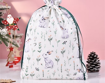 Cute Rabbit White Gift Bag, Birthday Gift Tote, Durable Drawstring Storage Bag, Fabric Gift Bag, Quality Holiday Bag, Easter Gift