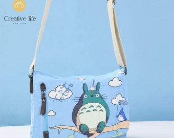 NEW! Handmade Blue Cartoon Canvas Crossbody Bag, Kawaii Anime Messenger Bag, Canvas Shoulder Bags, Totoro Gift, Mother's Day Gift