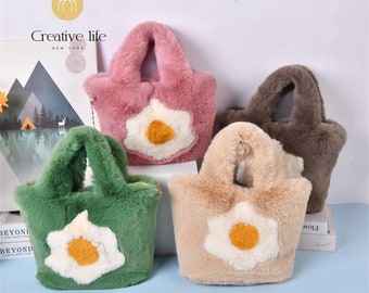 CLEARANCE Egg Flower Plush Hand Crossbody Bag, Green/Pink/Brown Shoulder Handbag, Plush Tote with Magnetic Buckle, Easter Gift