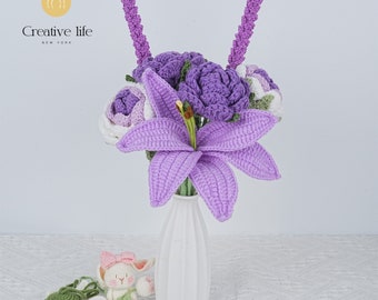 7PCS Handmade Crochet Lily Rose Lavender Bouquet For Mother's Day Gift, Knitted Carnation Bouquet, Lily Flowers, Ship from NewYork in 2 Days