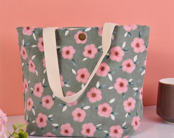 Medium Daisy Corduroy Tote Bag, Handmade Shopping Bag, Shoulder Bag, Floral Lunch Bag, Bridesmaid Gift, Go To School, Spring Gift for Her