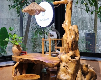 Driftwood Tree Stump Table with Rustic Lamp: Unique Home Decor (59x28x28 inch)