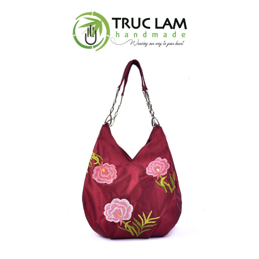 Chain Bag With French-knot Embroidered Rose and Sequin