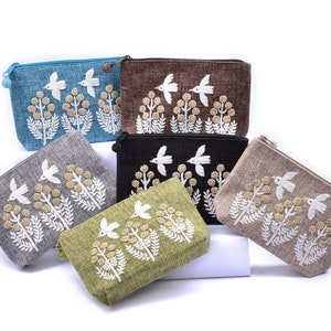 Monedero para mujer, bordado, con cremallera, hecho a mano, monedero, cartera, cartera, estampados florales y de pájaros THEUV24