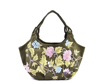 Handgefertigte Wildleder Einkaufstasche: Florale bestickte Alltagstasche