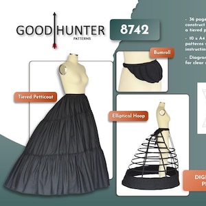 Könnte beinhalten: Digitales Download-Schnittmuster für historische Kleidungsstücke. Enthält Anweisungen zum Konstruieren eines elliptischen Reifrocks, eines gestuften Petticoats und eines Bumrolls. Das Bild zeigt einen schwarzen Petticoat, einen elliptischen Reifrock und ein Bumroll, mit Diagrammen und Anweisungen.