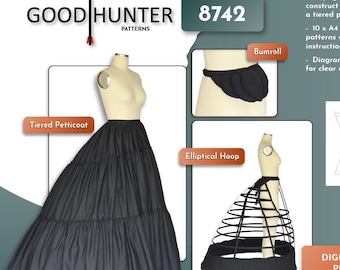 May include: Digital download pattern for historical garments. Includes instructions to construct an elliptical hoop, a tiered petticoat, and a bumroll. The image shows a black tiered petticoat, an elliptical hoop, and a bumroll, with diagrams and instructions.