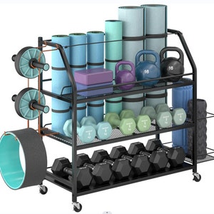 Home Gym Workout Equipment Storage Rack, Yoga Mat Dumbbell Kettlebells Foam  Roller Resistance Bands Storage Rack Cart with Hooks and Wheels, Workout  Equipment Storage Organizer for Home Gym, Dumbbell Racks 