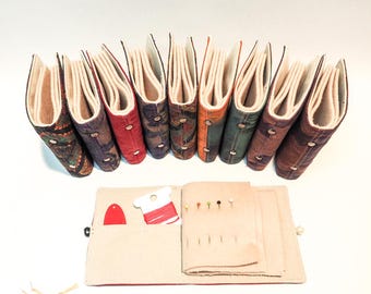 Personalized handmade silk needle book with fine wool brushed flannel paper, needles, pins, threaders, and other sewing notions organizer