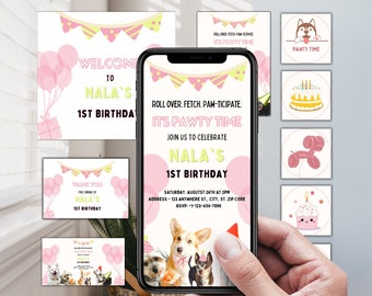 Editable Dog Birthday Party, 6 Piece Bundle, Dog Birthday Party Template, Dog Digital Invitation, Welcome Sign, Topper Template, Puppy Pawty